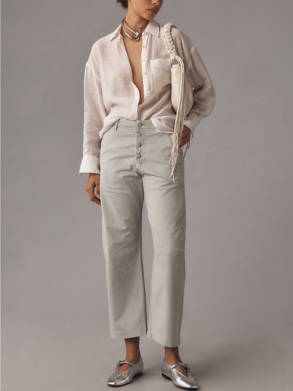 Pilcro Arin Mid-Rise Button-Front Barrel Pant in Light Neutral